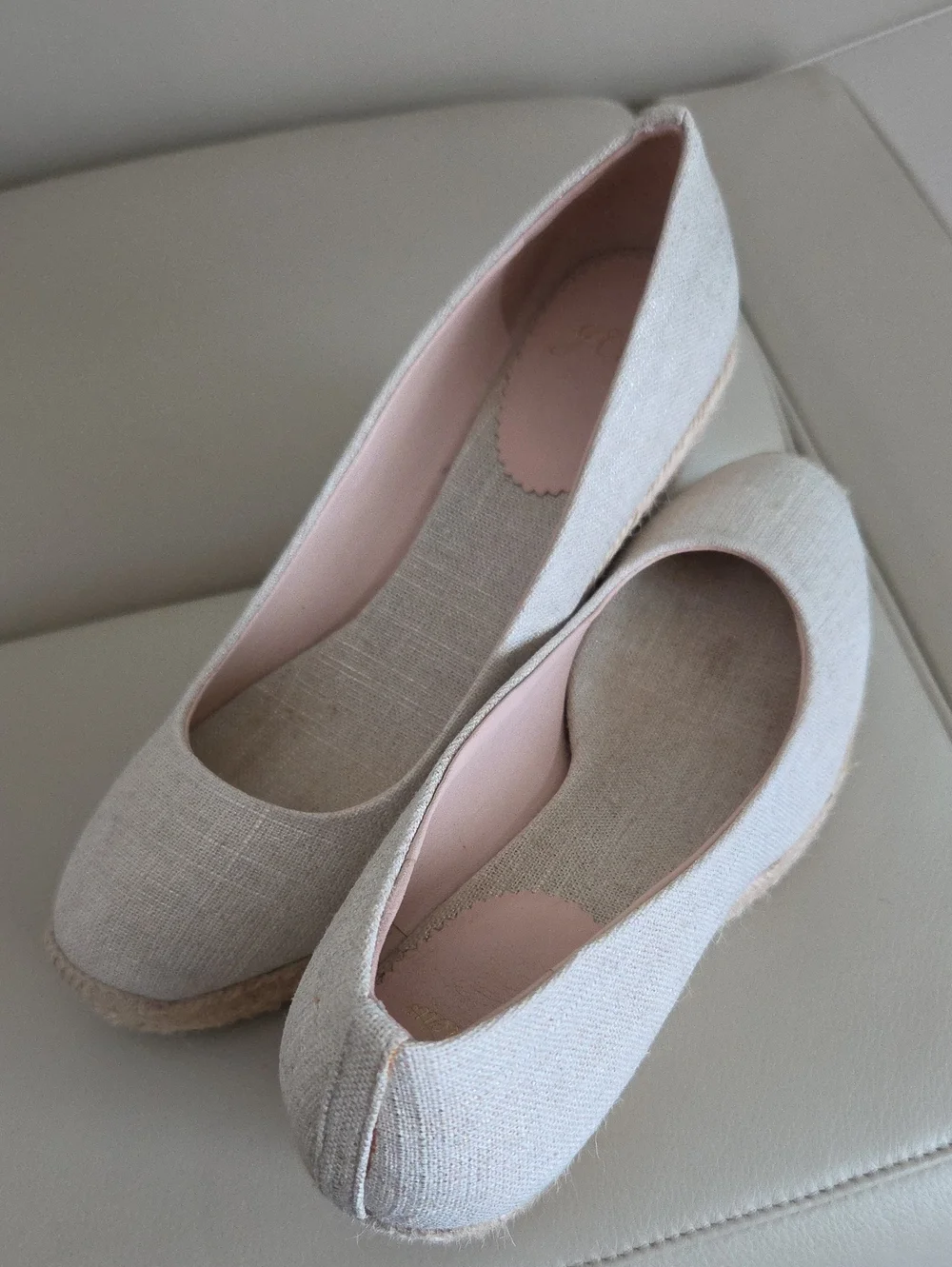J. Crew Neutral Linen Espadrille Wedges with Pink Lining Size 9.5